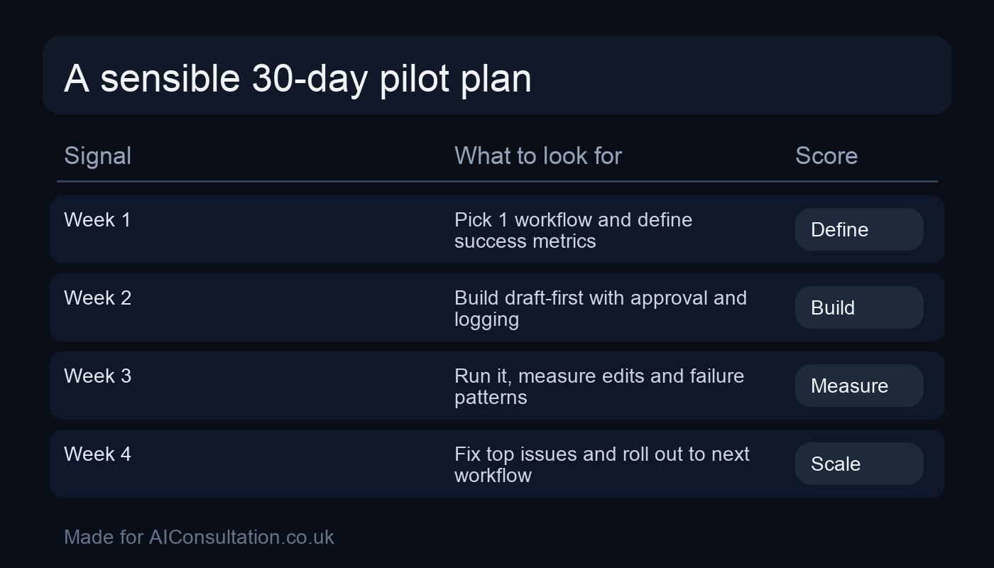 A simple 30-day pilot plan for AI projects, adaptable for PPC management