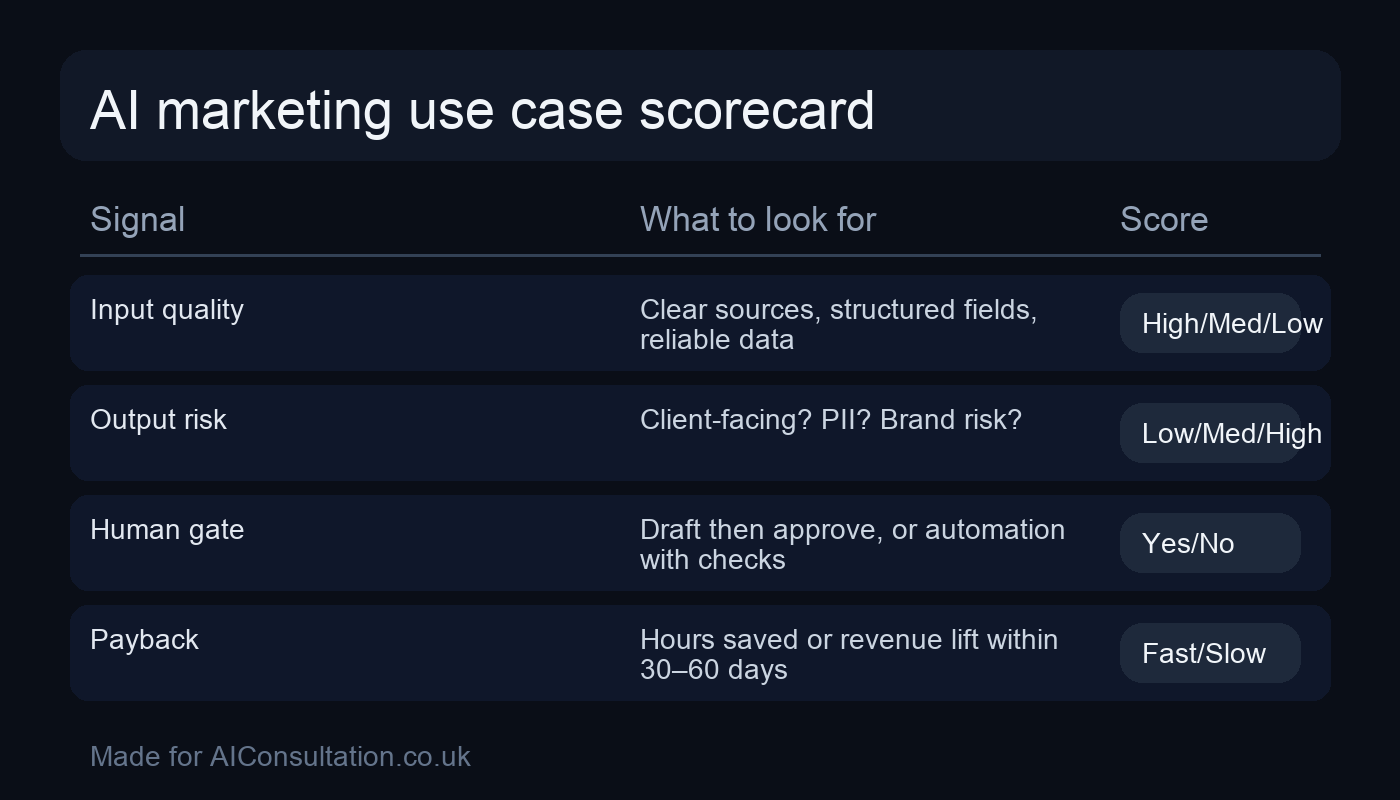 Scorecard for prioritising AI marketing and PPC use cases by impact, effort and risk