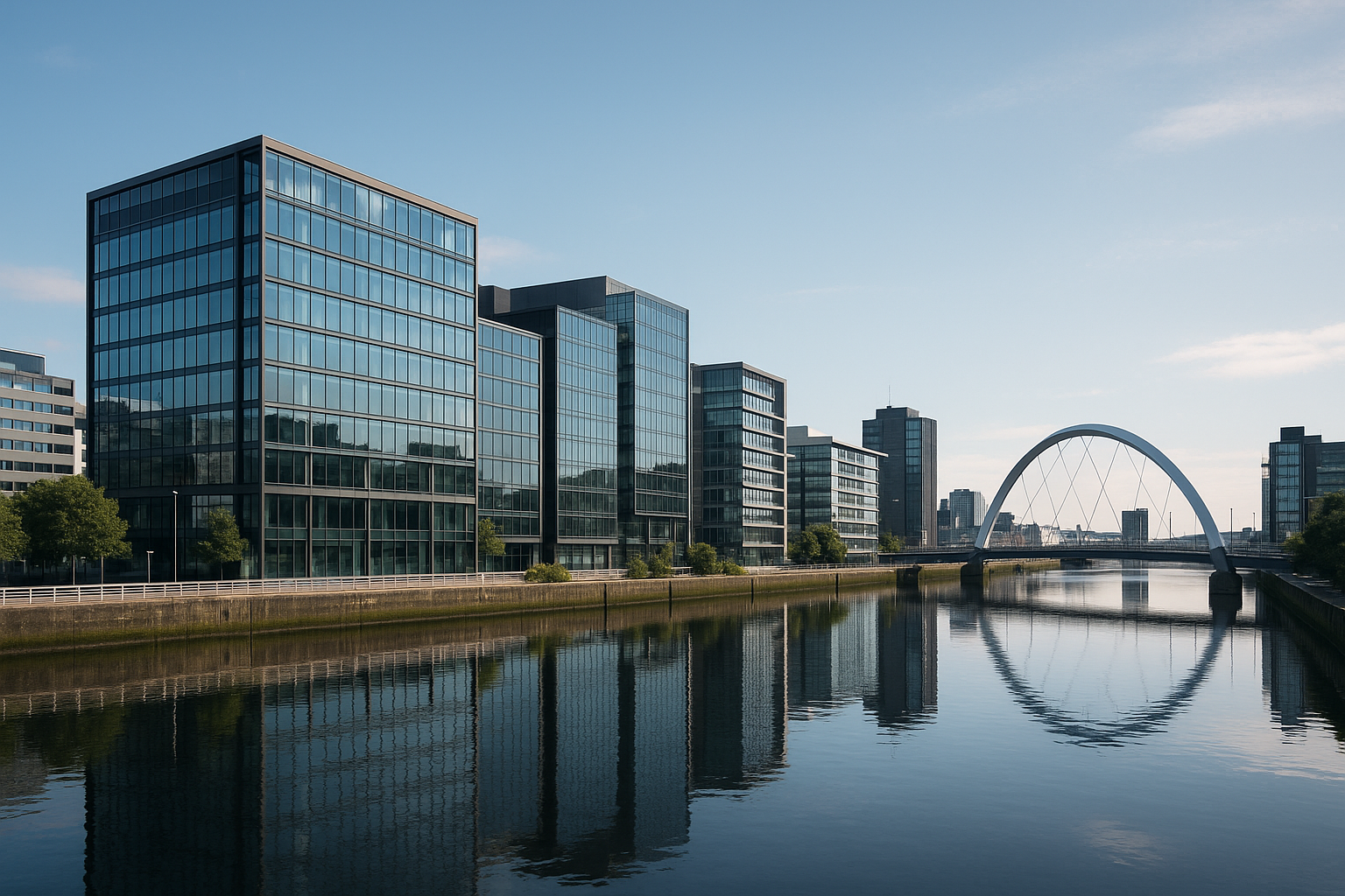 Glasgow business district near River Clyde for AI consultant Glasgow page