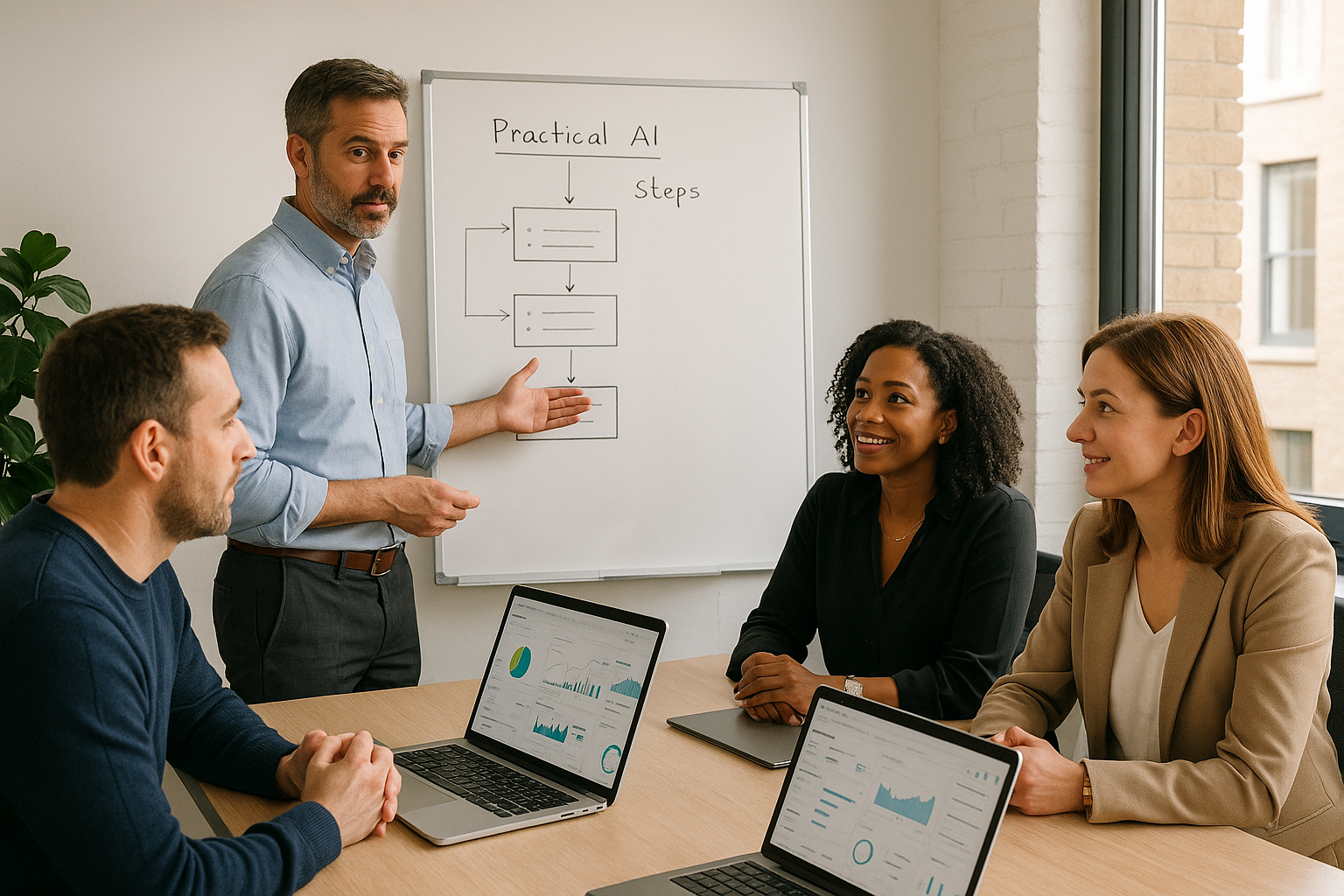 UK leadership team planning AI roadmap priorities in office meeting